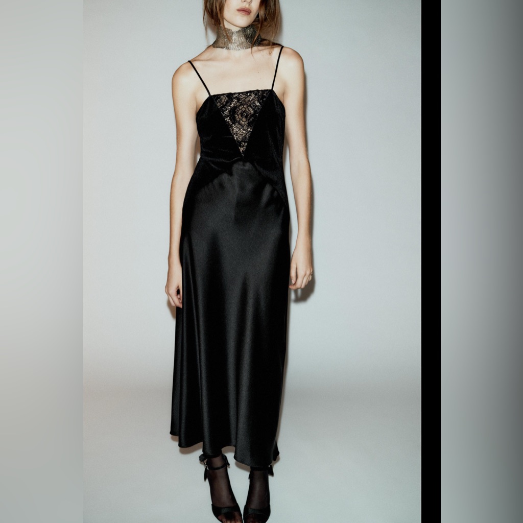 Zara Black Satin Midi Slip Dress With Lace Inset